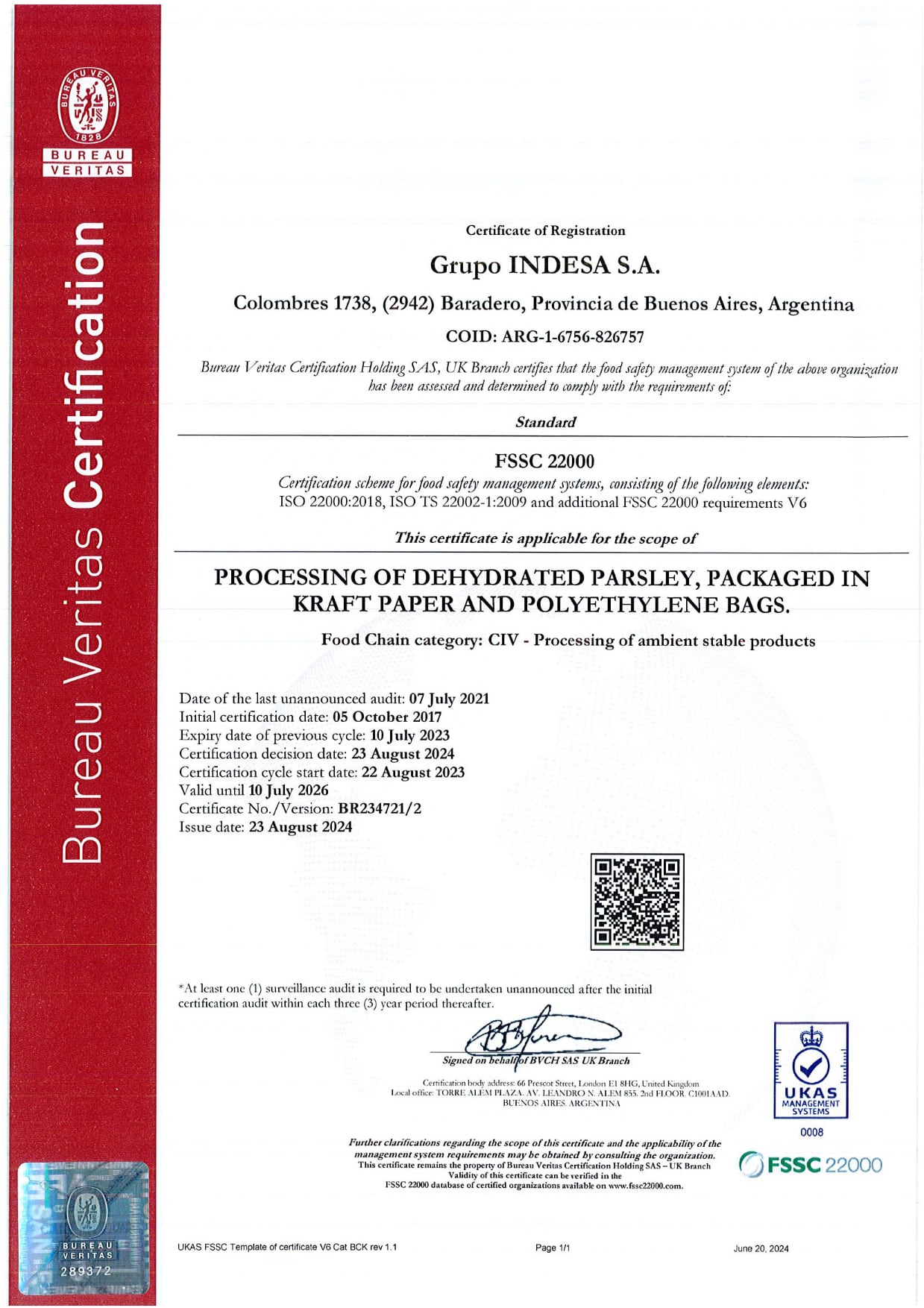 Certification Bureau Veritas Indesa